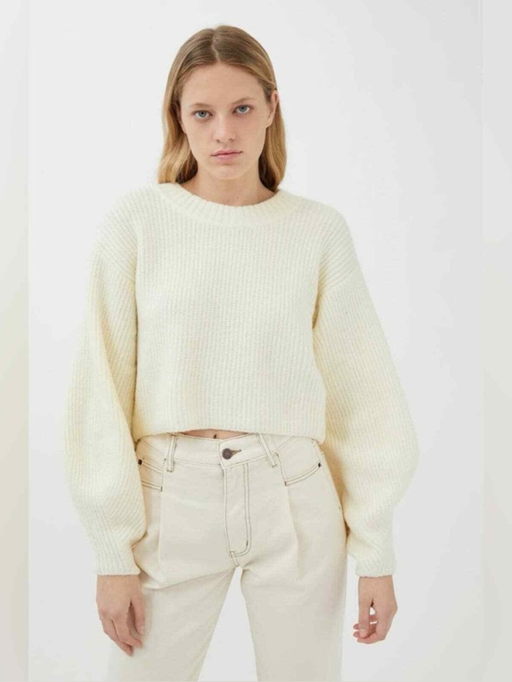 Urban Outfitters Cream Ribbed Cropped Knit Balloon Sleeve Sweater